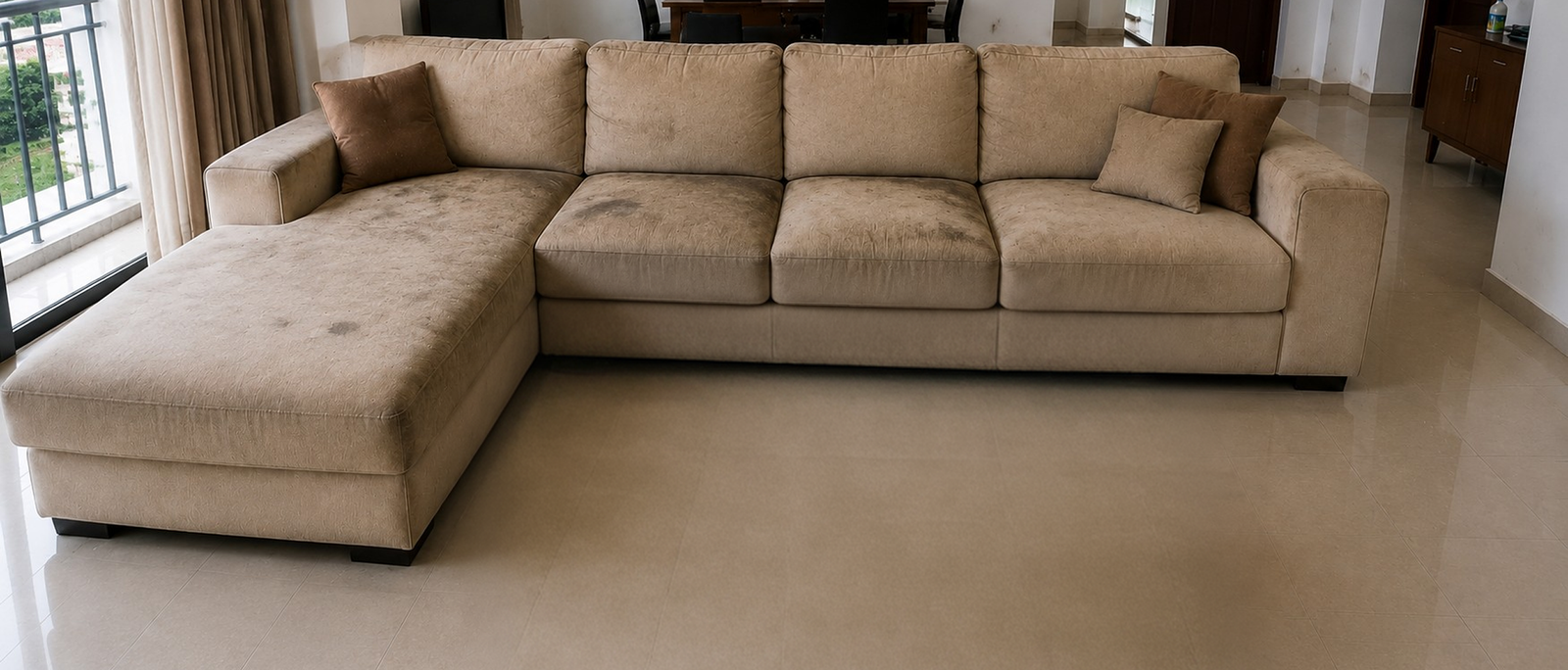 Sectional sofa before upholstery restoration