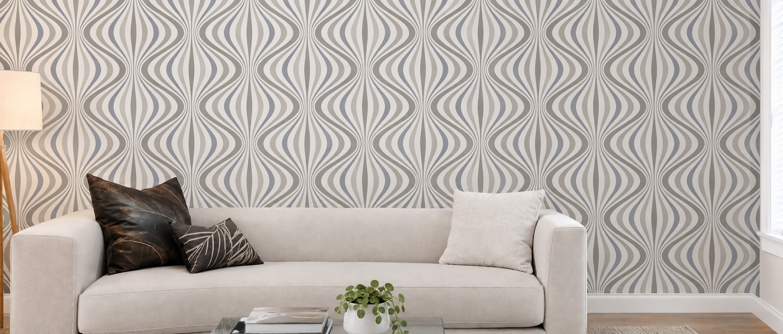 Same living-room wall after wallpaper installation
